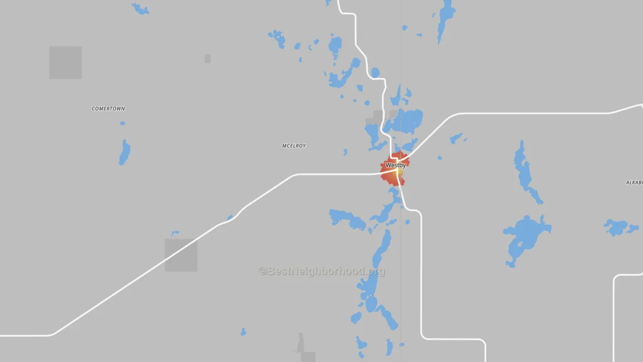 Walk Grade map of 59275, MT, walkable areas in green and car-dependent areas in red