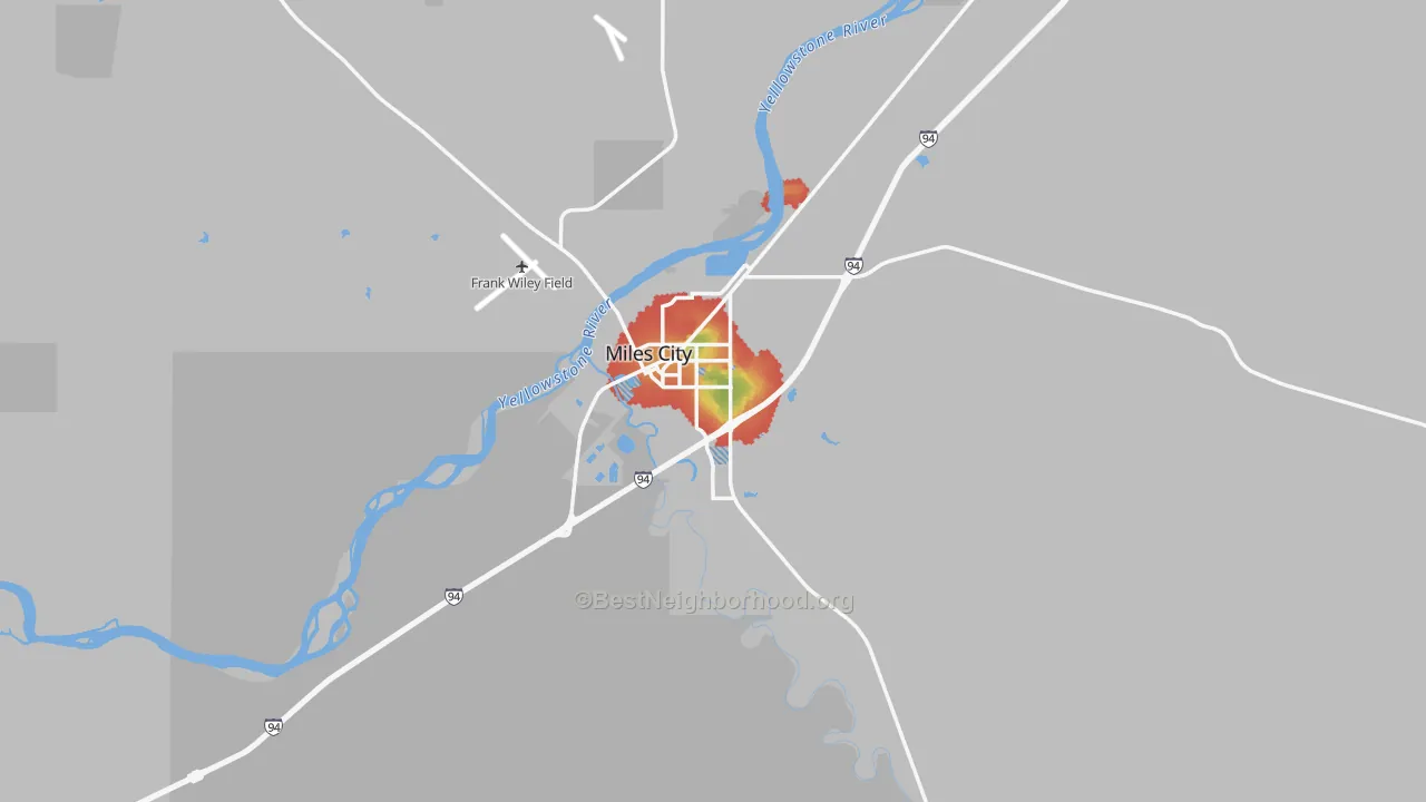 Walk Grade map of 59301, MT, walkable areas in green and car-dependent areas in red