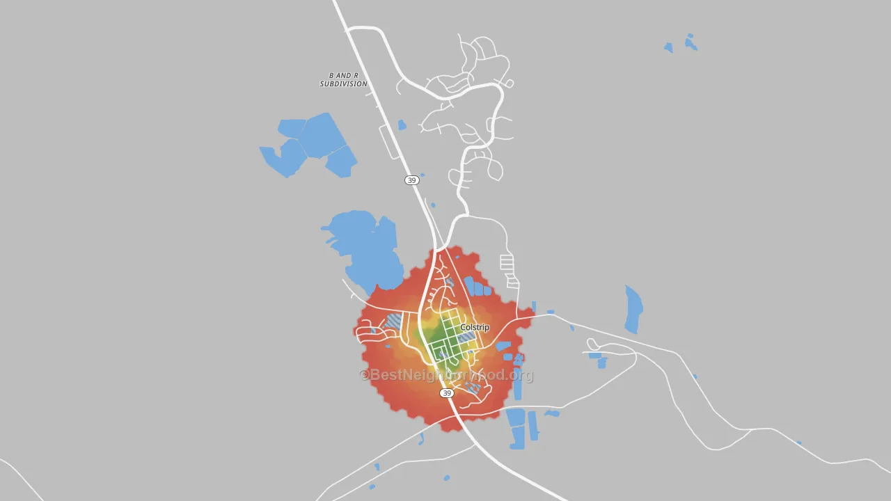 Walk Grade map of 59323, MT, walkable areas in green and car-dependent areas in red