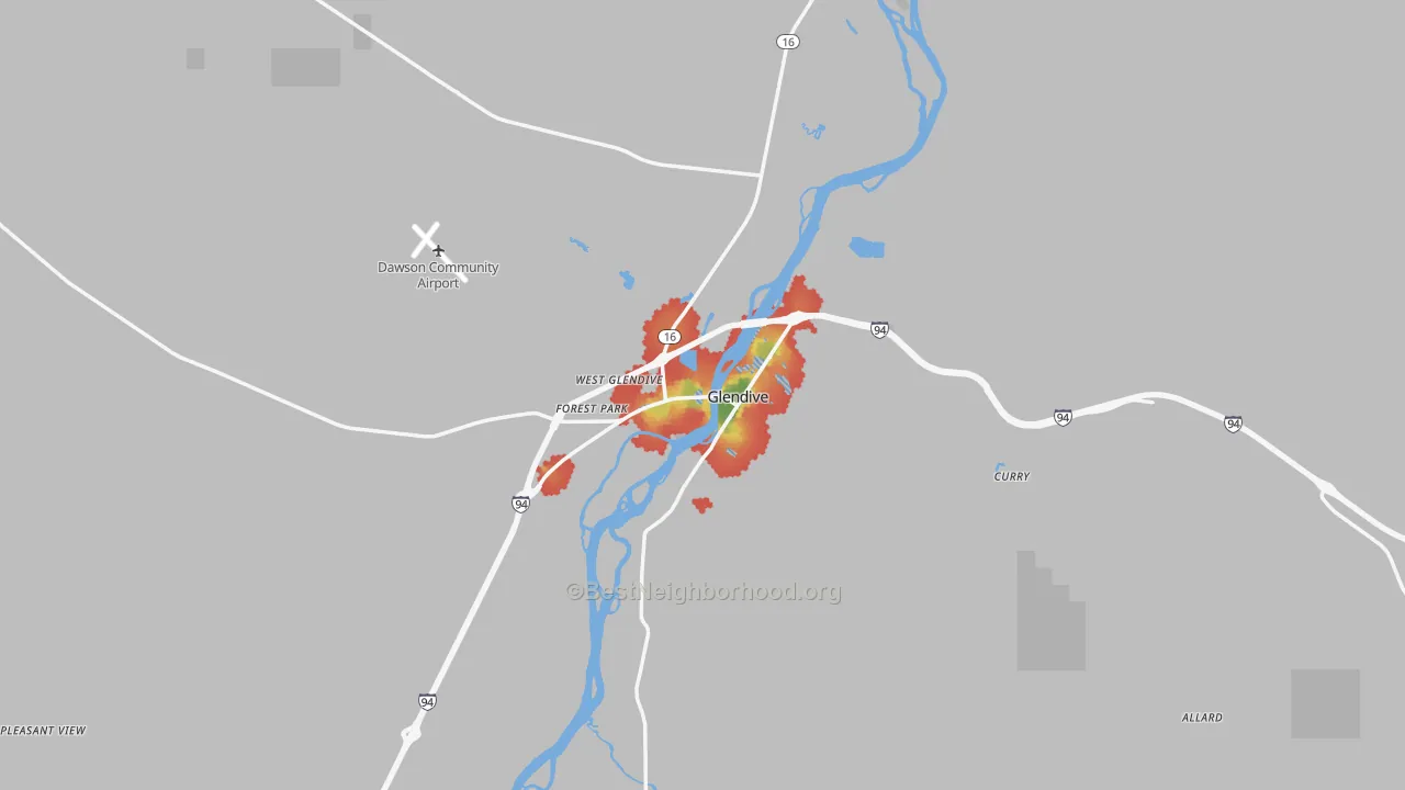 Walk Grade map of 59330, MT, walkable areas in green and car-dependent areas in red
