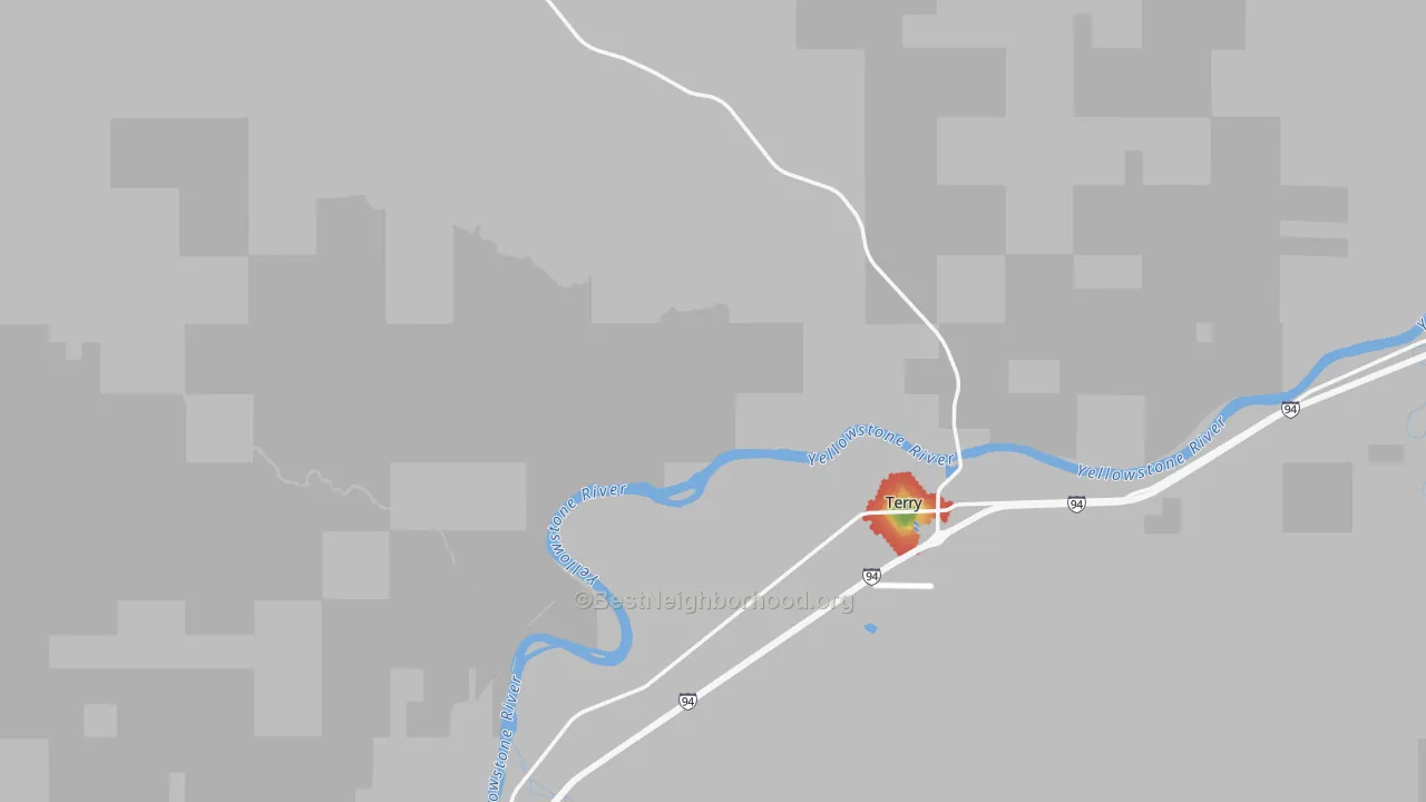 Walk Grade map of 59349, MT, walkable areas in green and car-dependent areas in red