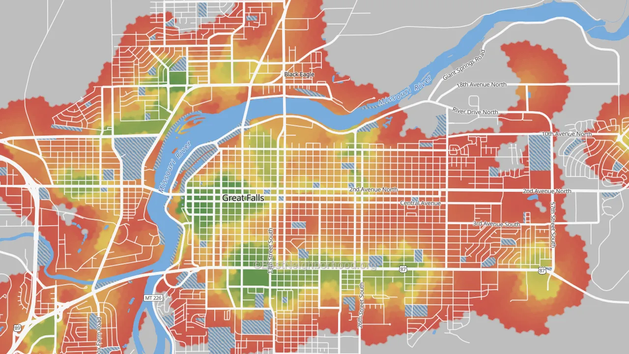 Walk Grade map of 59401, MT, walkable areas in green and car-dependent areas in red