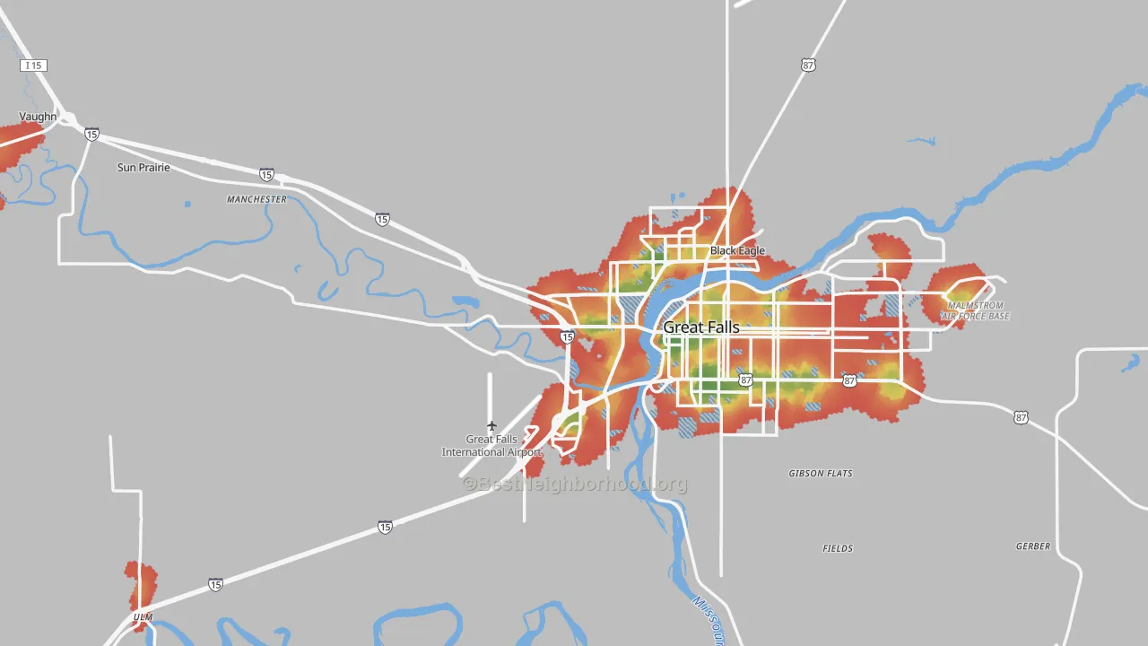Walk Grade map of 59404, MT, walkable areas in green and car-dependent areas in red