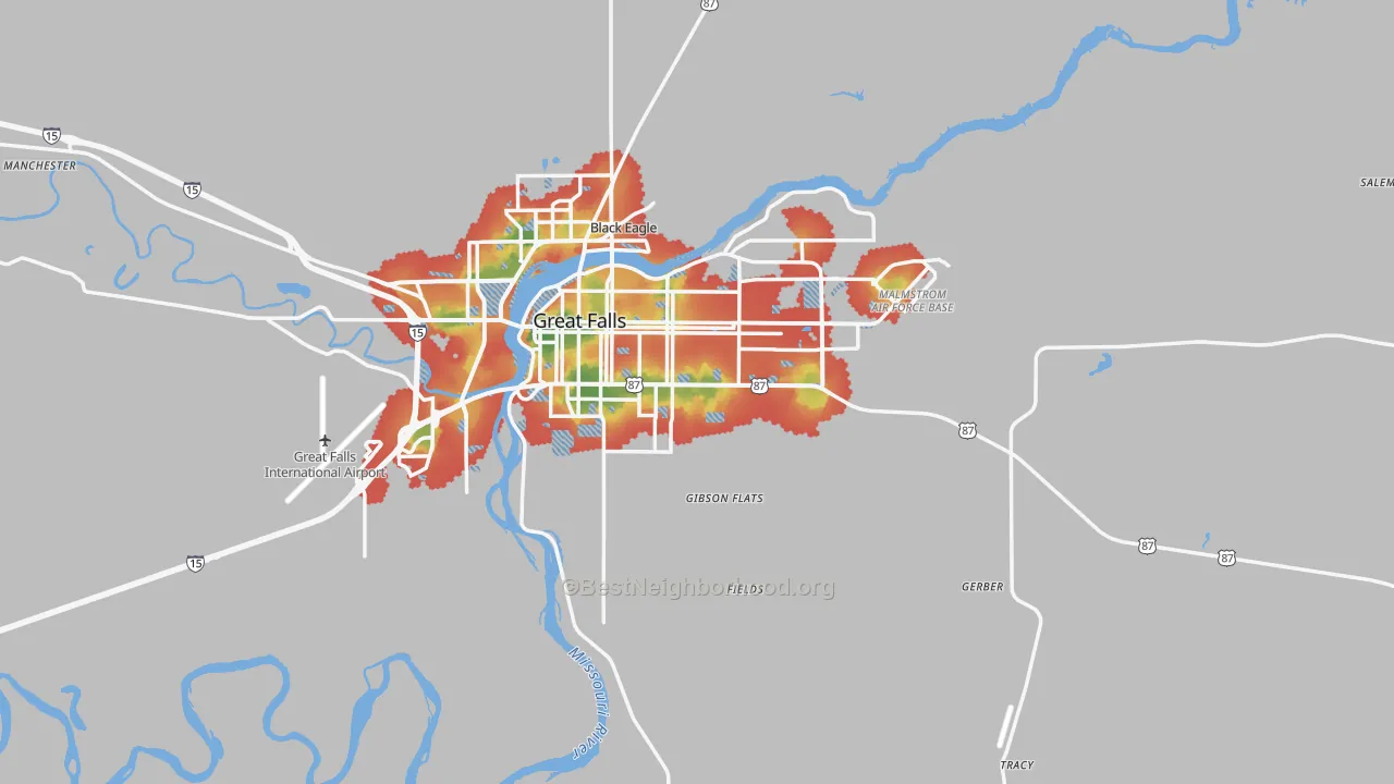 Walk Grade map of 59405, MT, walkable areas in green and car-dependent areas in red