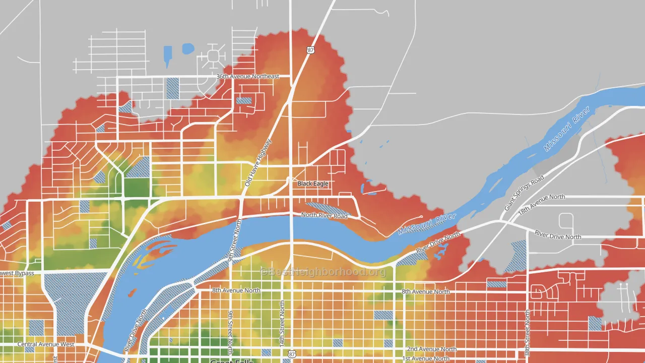 Walk Grade map of 59414, MT, walkable areas in green and car-dependent areas in red