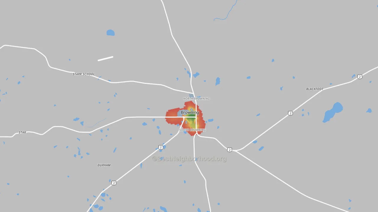 Walk Grade map of 59417, MT, walkable areas in green and car-dependent areas in red