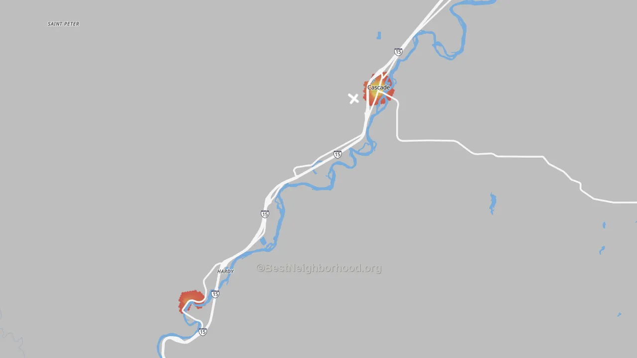 Walk Grade map of 59421, MT, walkable areas in green and car-dependent areas in red