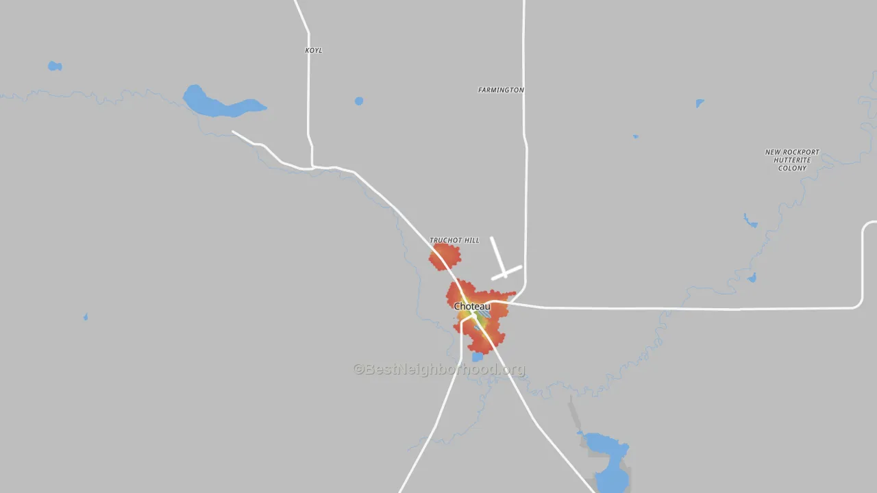 Walk Grade map of 59422, MT, walkable areas in green and car-dependent areas in red
