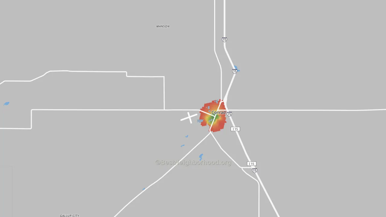 Walk Grade map of 59425, MT, walkable areas in green and car-dependent areas in red