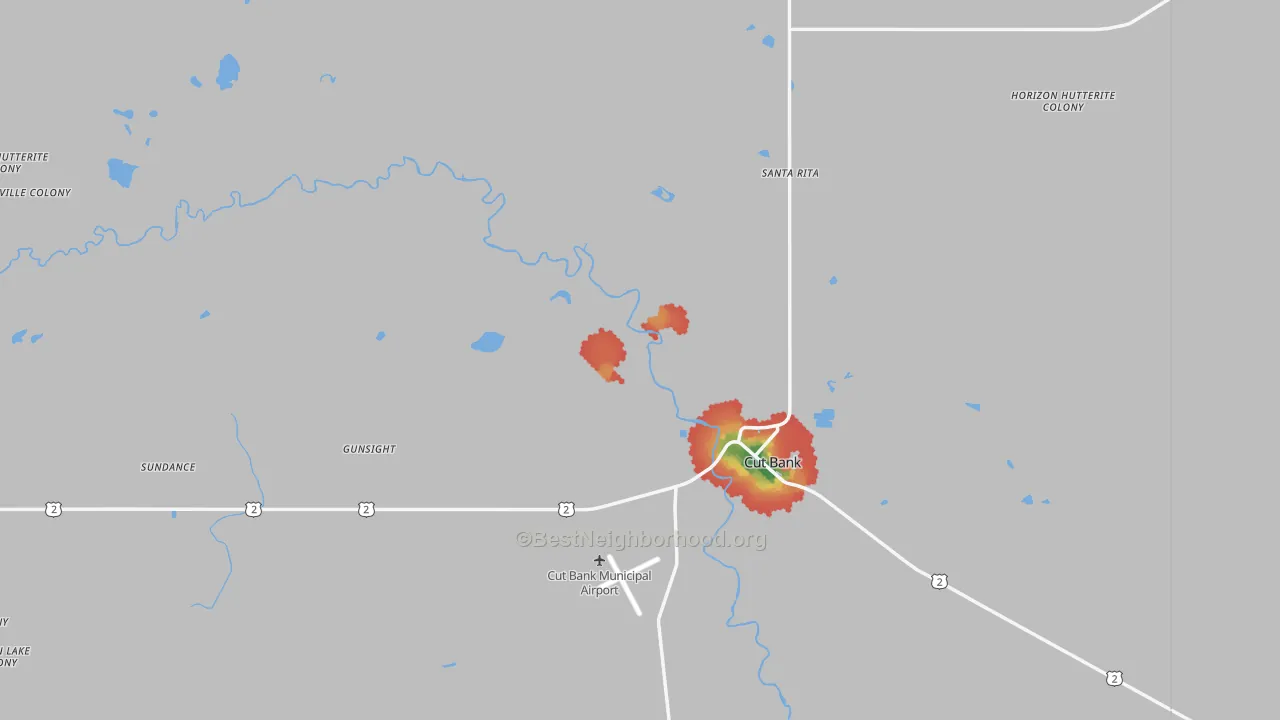 Walk Grade map of 59427, MT, walkable areas in green and car-dependent areas in red
