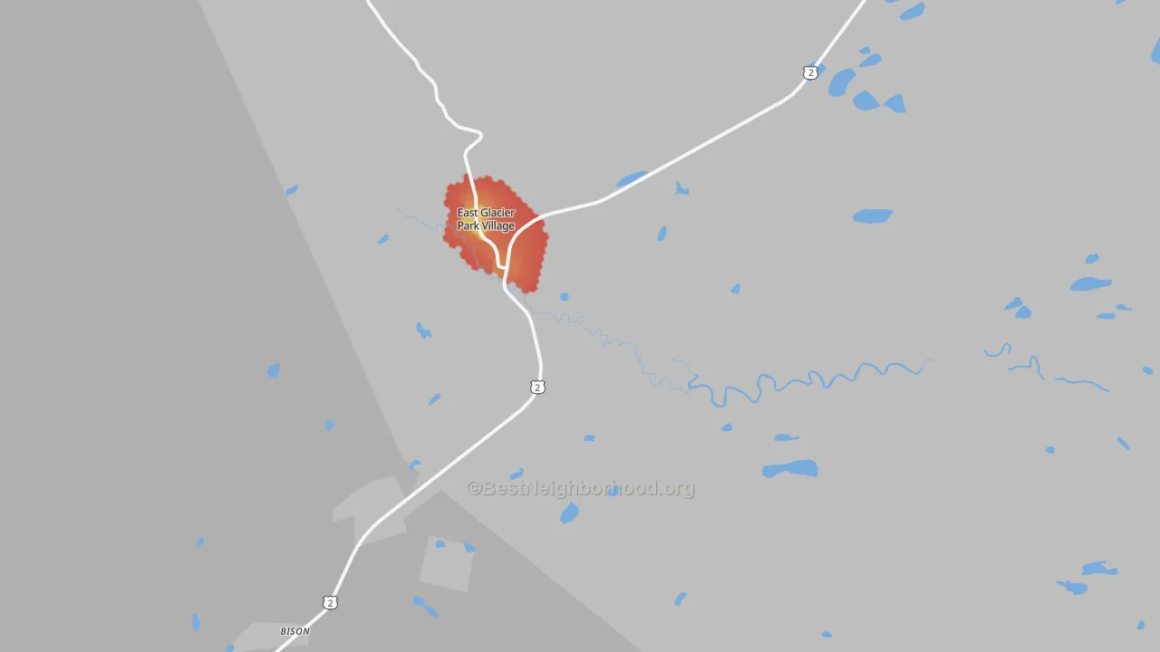 Walk Grade map of 59434, MT, walkable areas in green and car-dependent areas in red