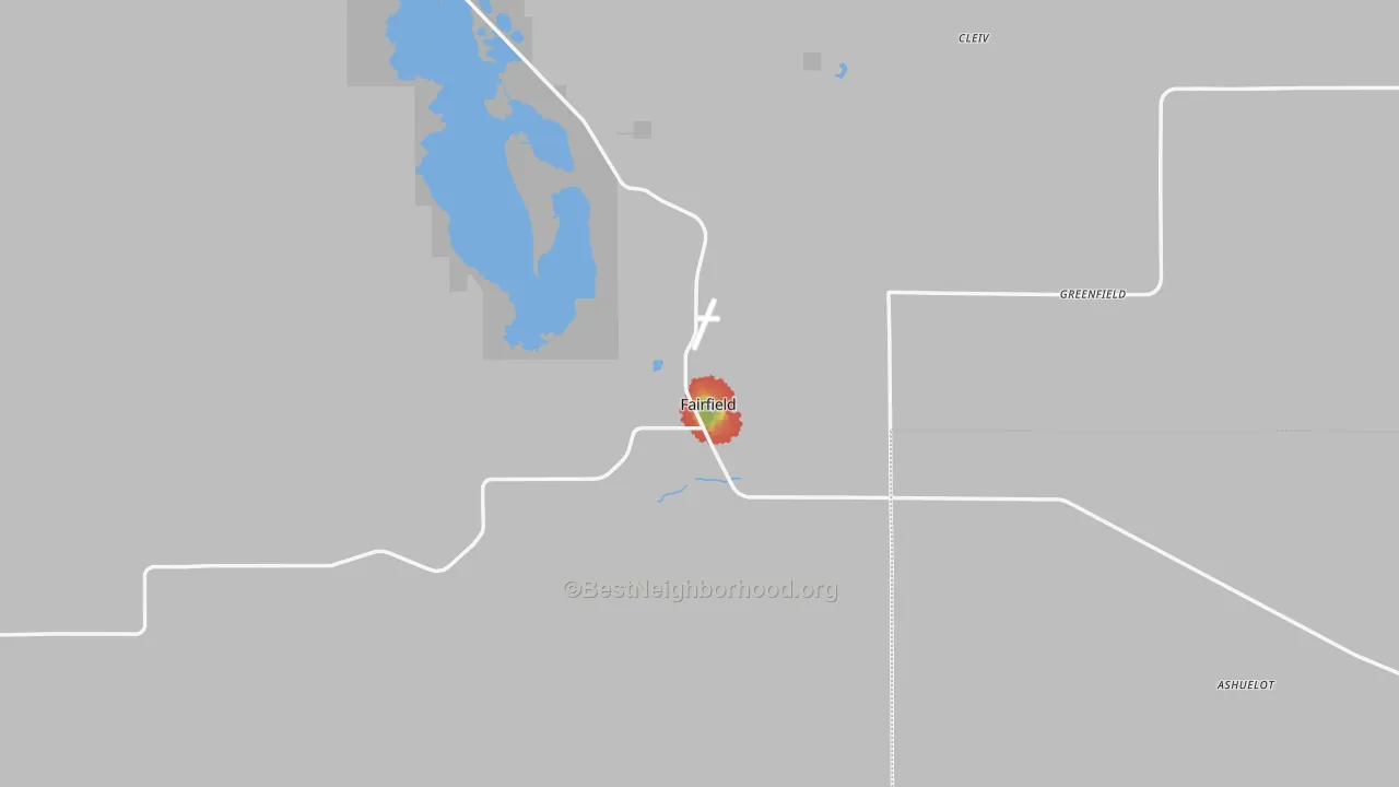 Walk Grade map of 59436, MT, walkable areas in green and car-dependent areas in red