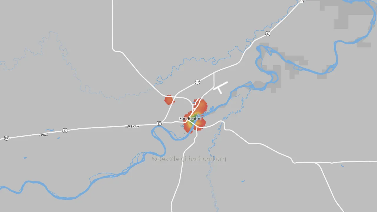 Walk Grade map of 59442, MT, walkable areas in green and car-dependent areas in red