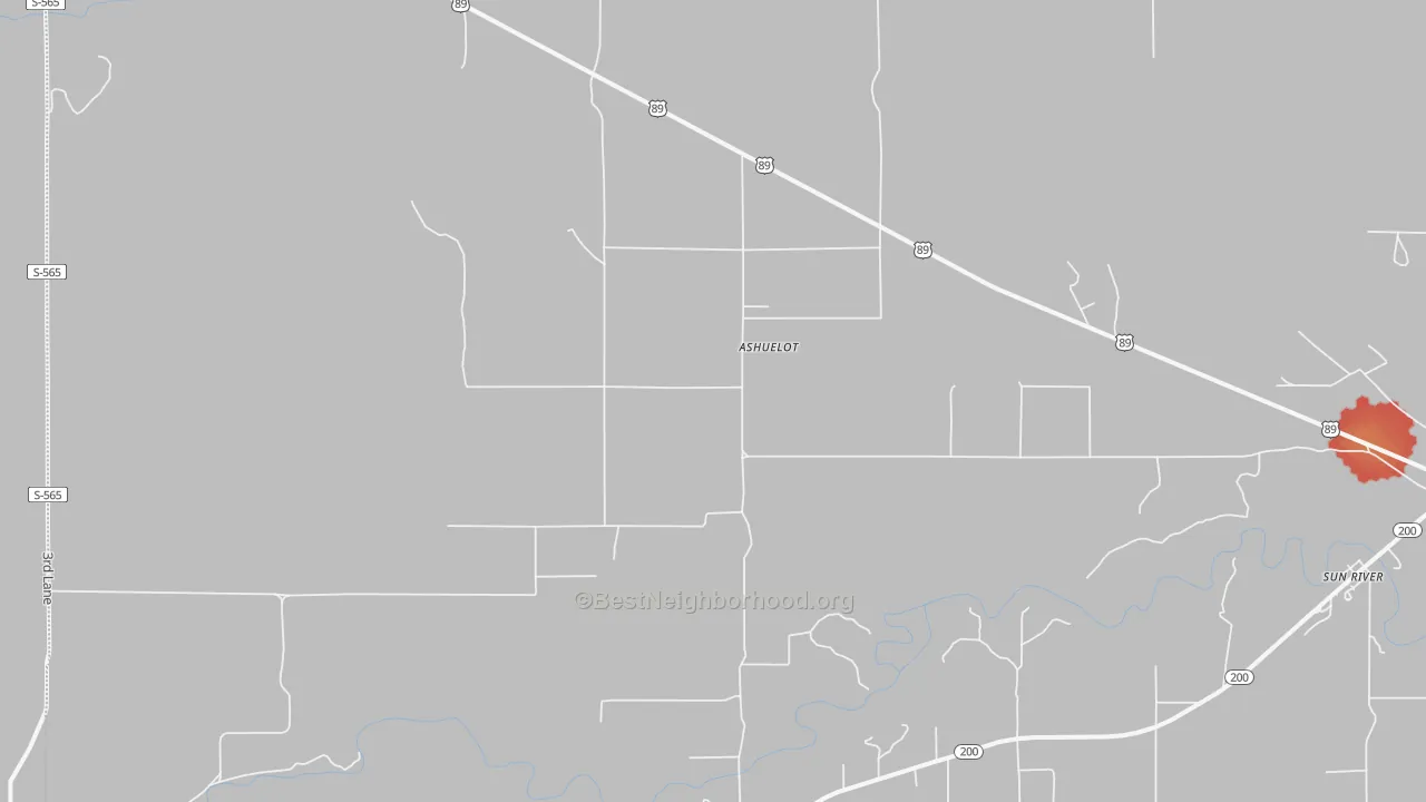 Walk Grade map of 59443, MT, walkable areas in green and car-dependent areas in red