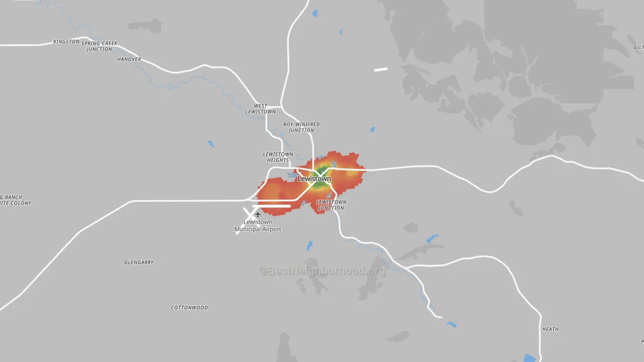 Walk Grade map of 59457, MT, walkable areas in green and car-dependent areas in red