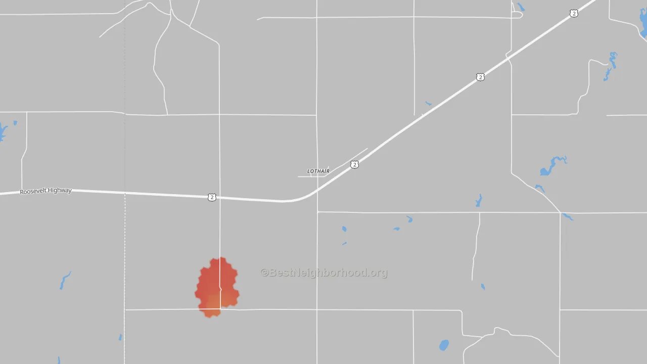 Walk Grade map of 59461, MT, walkable areas in green and car-dependent areas in red