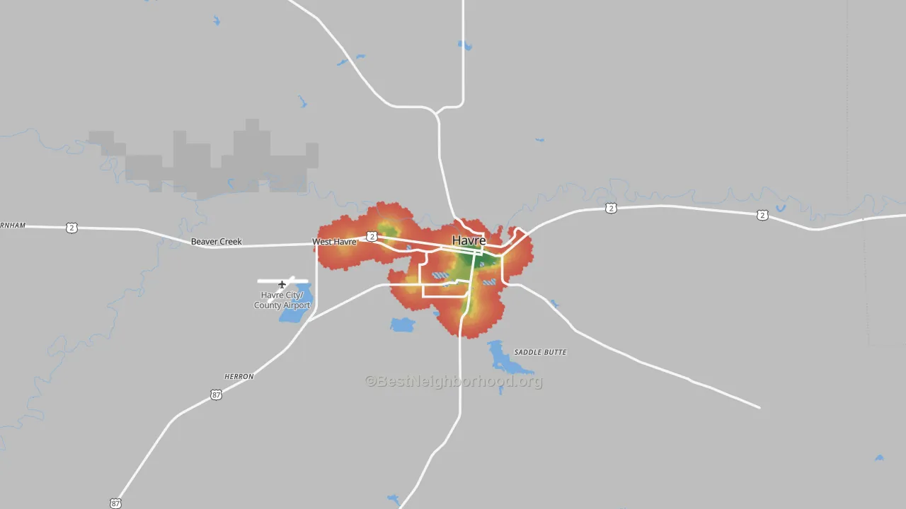 Walk Grade map of 59501, MT, walkable areas in green and car-dependent areas in red