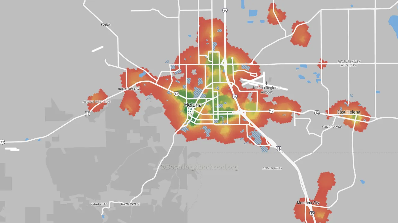 Walk Grade map of 59601, MT, walkable areas in green and car-dependent areas in red