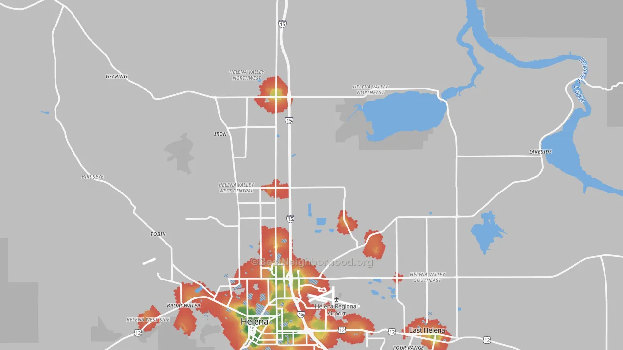 Walk Grade map of 59602, MT, walkable areas in green and car-dependent areas in red
