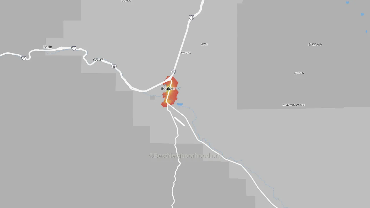 Walk Grade map of 59632, MT, walkable areas in green and car-dependent areas in red