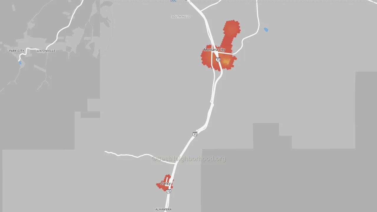 Walk Grade map of 59634, MT, walkable areas in green and car-dependent areas in red