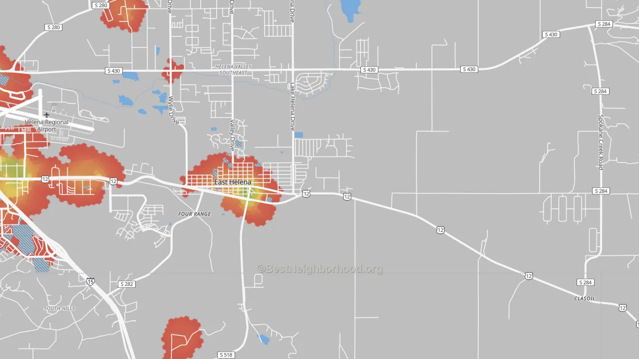 Walk Grade map of 59635, MT, walkable areas in green and car-dependent areas in red