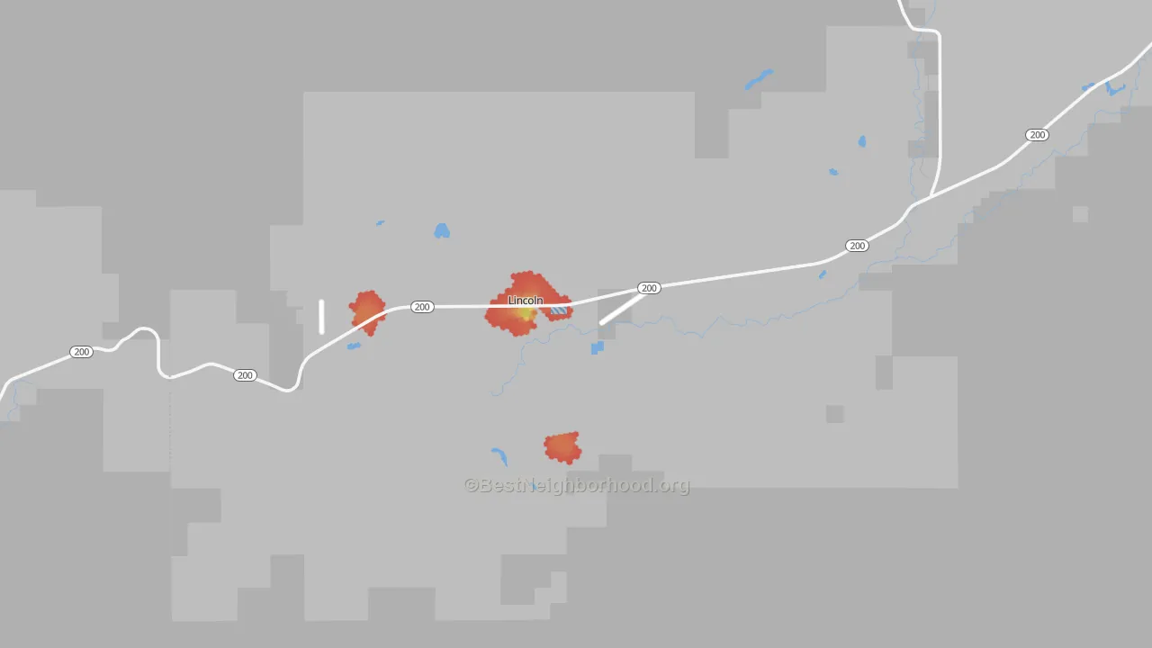 Walk Grade map of 59639, MT, walkable areas in green and car-dependent areas in red