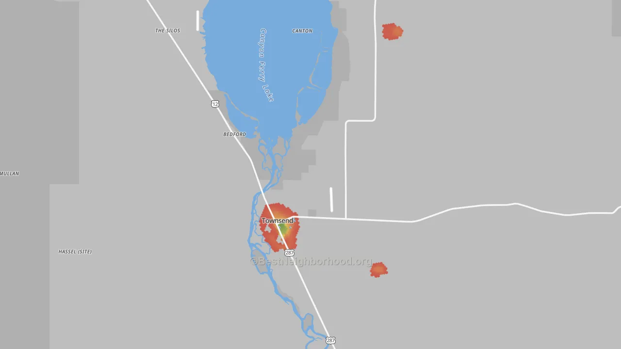 Walk Grade map of 59644, MT, walkable areas in green and car-dependent areas in red