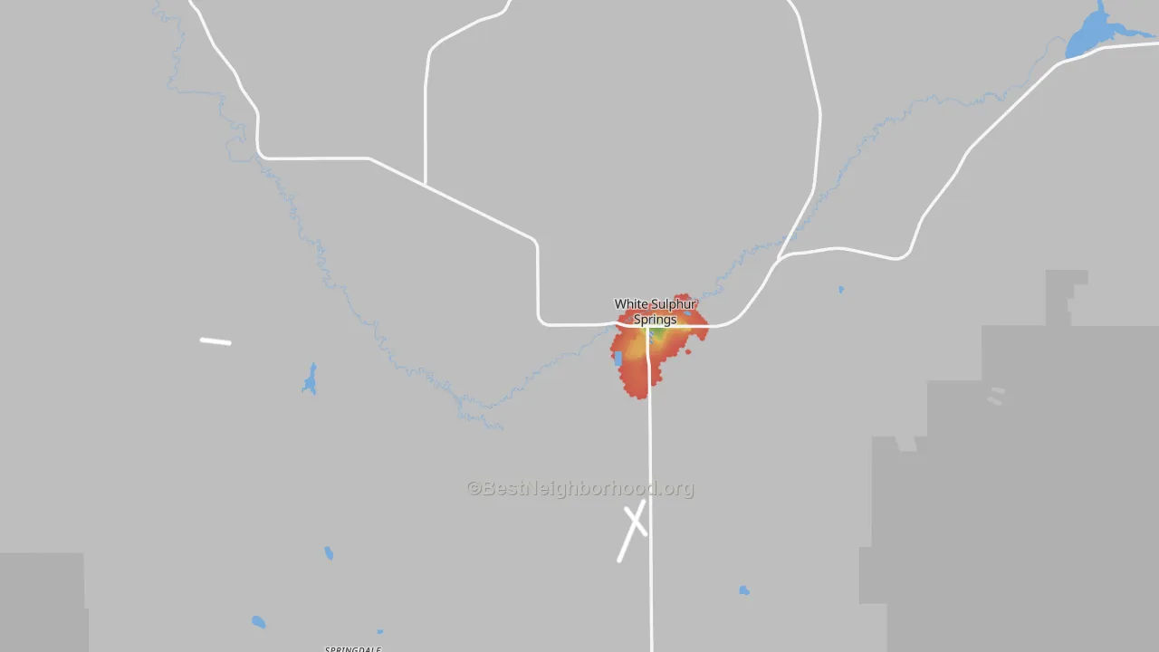 Walk Grade map of 59645, MT, walkable areas in green and car-dependent areas in red