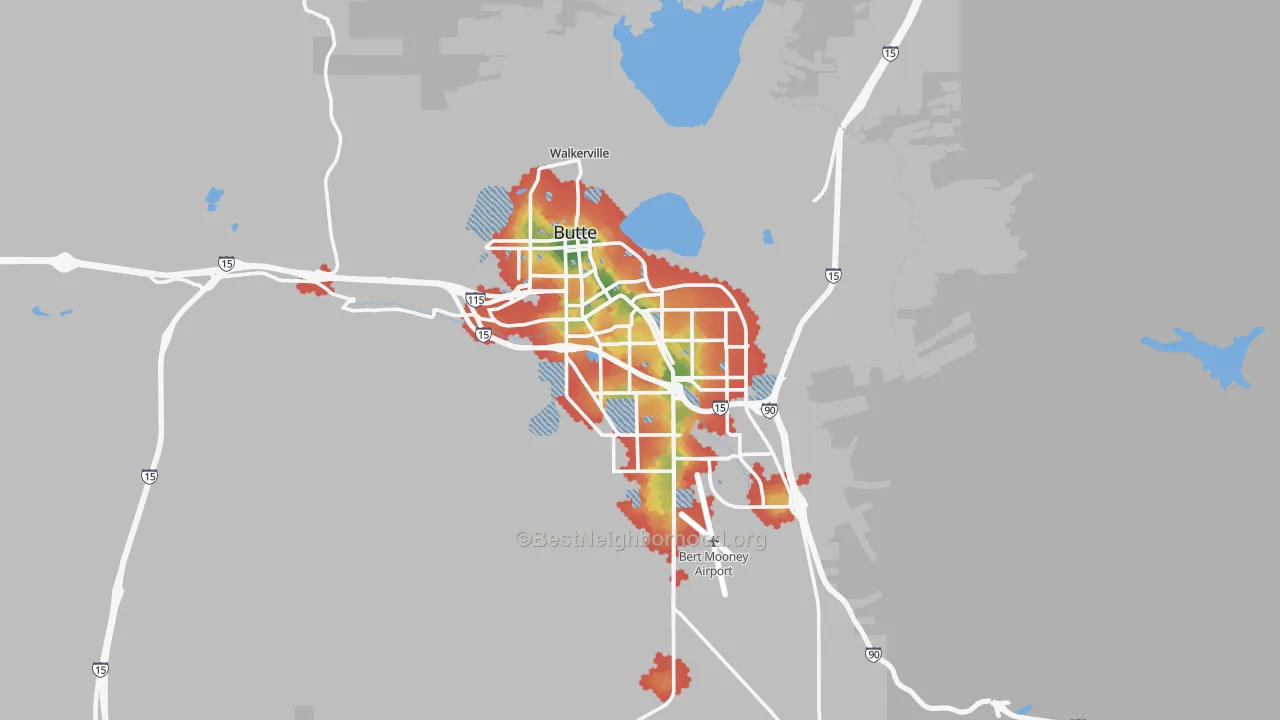 Walk Grade map of 59701, MT, walkable areas in green and car-dependent areas in red