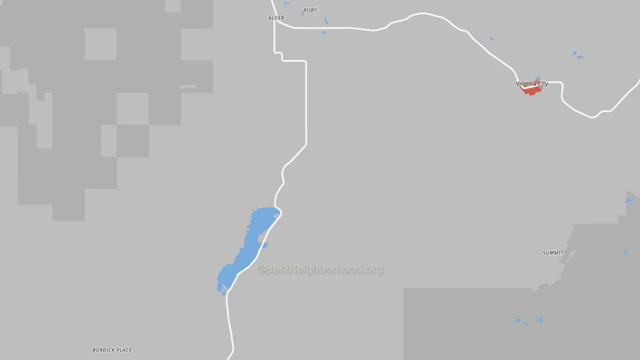 Walk Grade map of 59710, MT, walkable areas in green and car-dependent areas in red