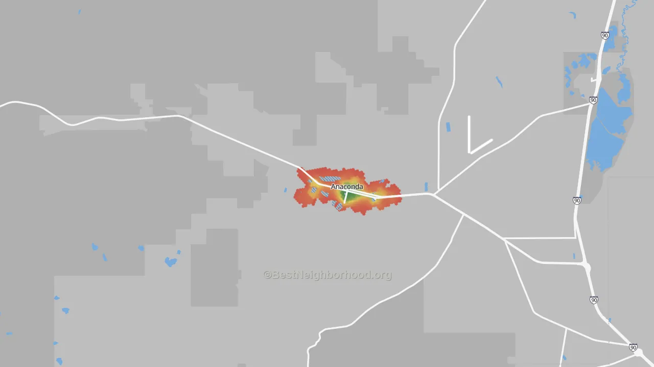 Walk Grade map of 59711, MT, walkable areas in green and car-dependent areas in red