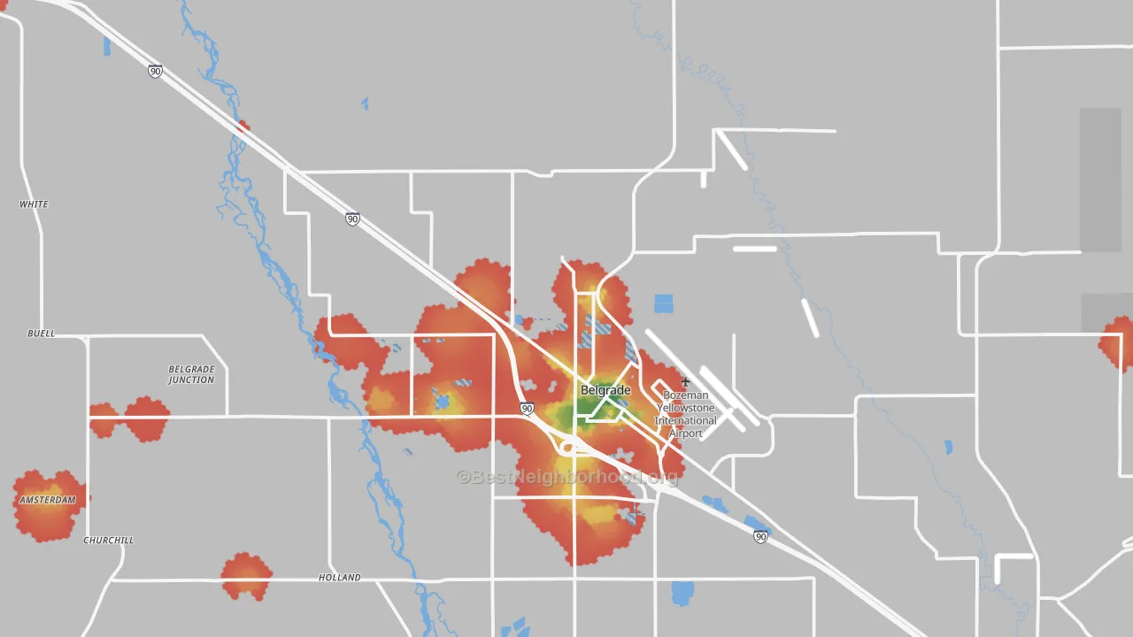 Walk Grade map of 59714, MT, walkable areas in green and car-dependent areas in red