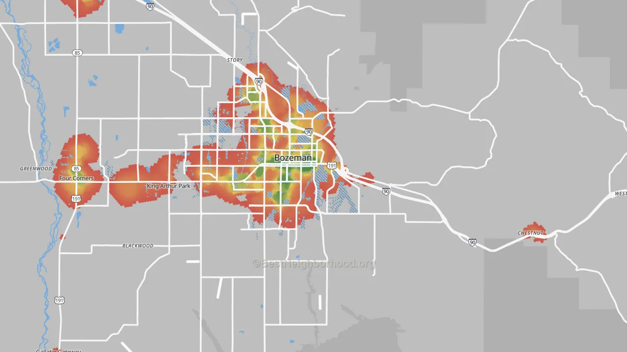 Walk Grade map of 59715, MT, walkable areas in green and car-dependent areas in red