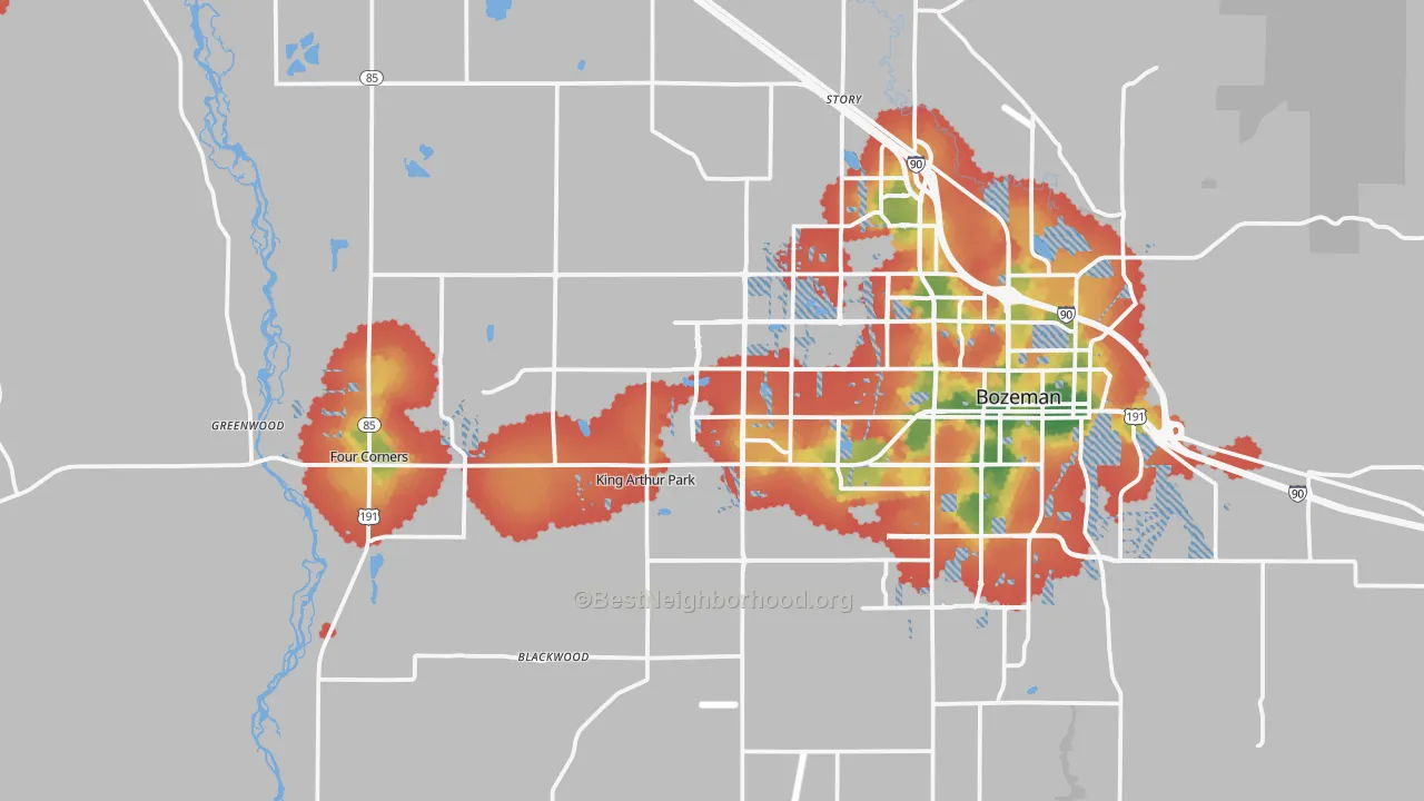 Walk Grade map of 59718, MT, walkable areas in green and car-dependent areas in red