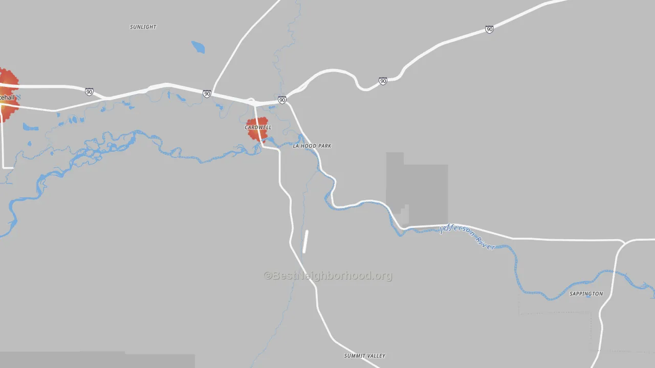 Walk Grade map of 59721, MT, walkable areas in green and car-dependent areas in red
