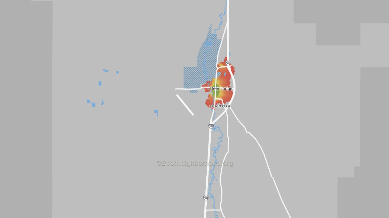 Walk Grade map of 59722, MT, walkable areas in green and car-dependent areas in red