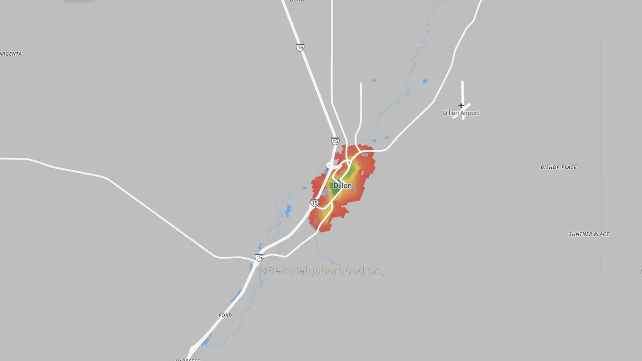 Walk Grade map of 59725, MT, walkable areas in green and car-dependent areas in red