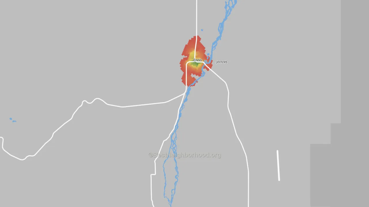 Walk Grade map of 59729, MT, walkable areas in green and car-dependent areas in red