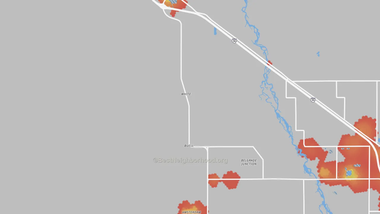 Walk Grade map of 59741, MT, walkable areas in green and car-dependent areas in red