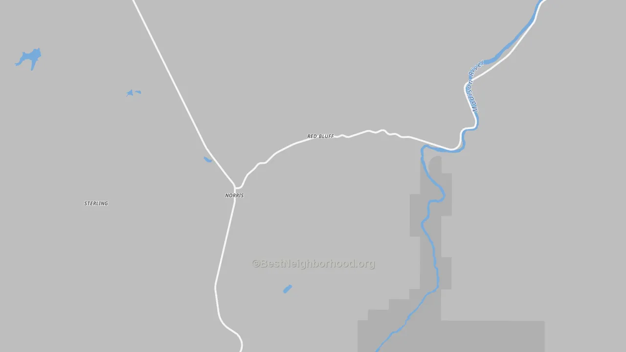 Walk Grade map of 59745, MT, walkable areas in green and car-dependent areas in red