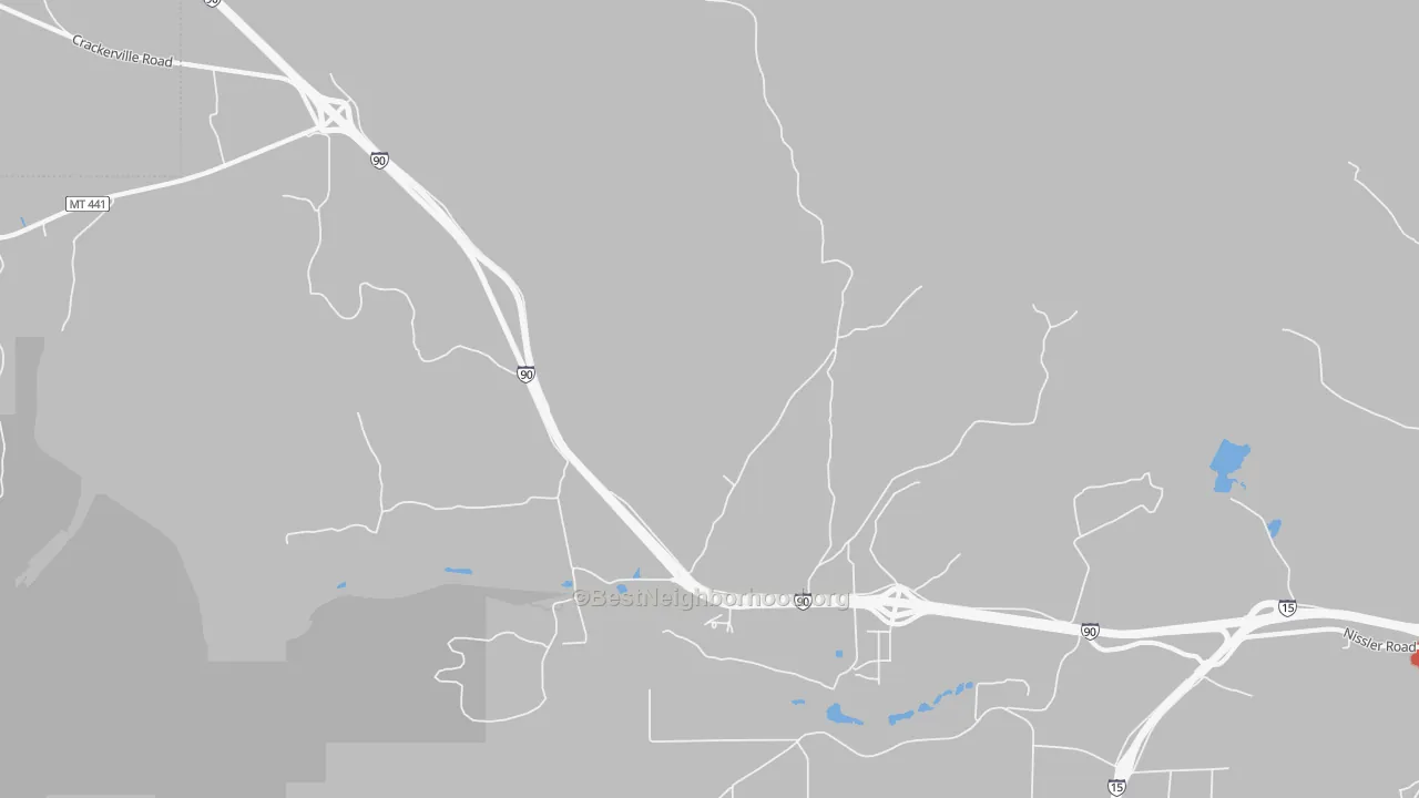 Walk Grade map of 59748, MT, walkable areas in green and car-dependent areas in red