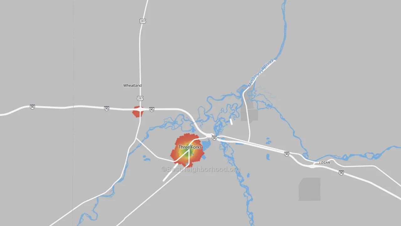 Walk Grade map of 59752, MT, walkable areas in green and car-dependent areas in red