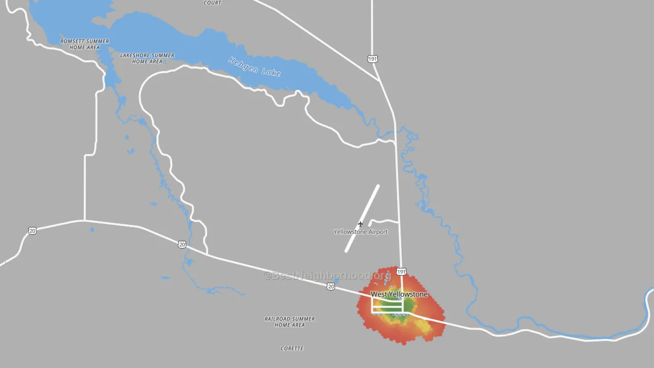 Walk Grade map of 59758, MT, walkable areas in green and car-dependent areas in red