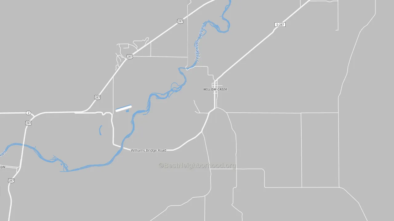 Walk Grade map of 59760, MT, walkable areas in green and car-dependent areas in red