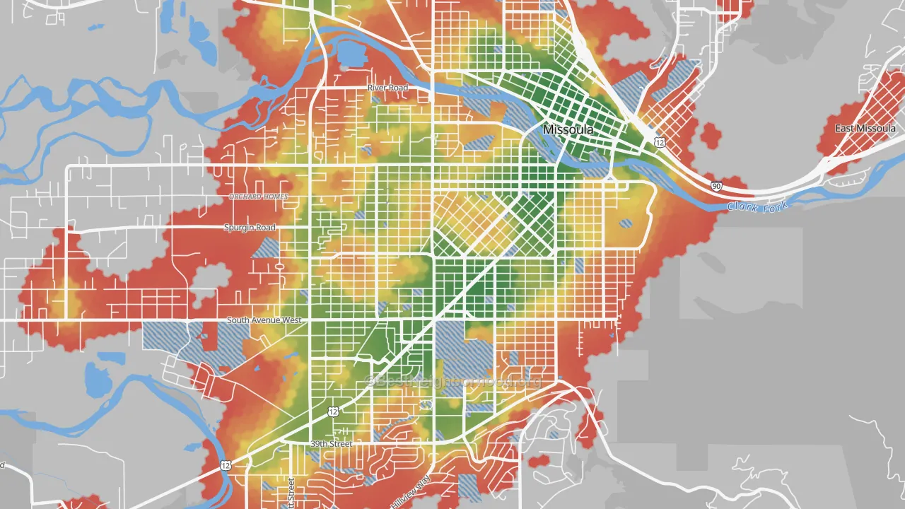 Walk Grade map of 59801, MT, walkable areas in green and car-dependent areas in red