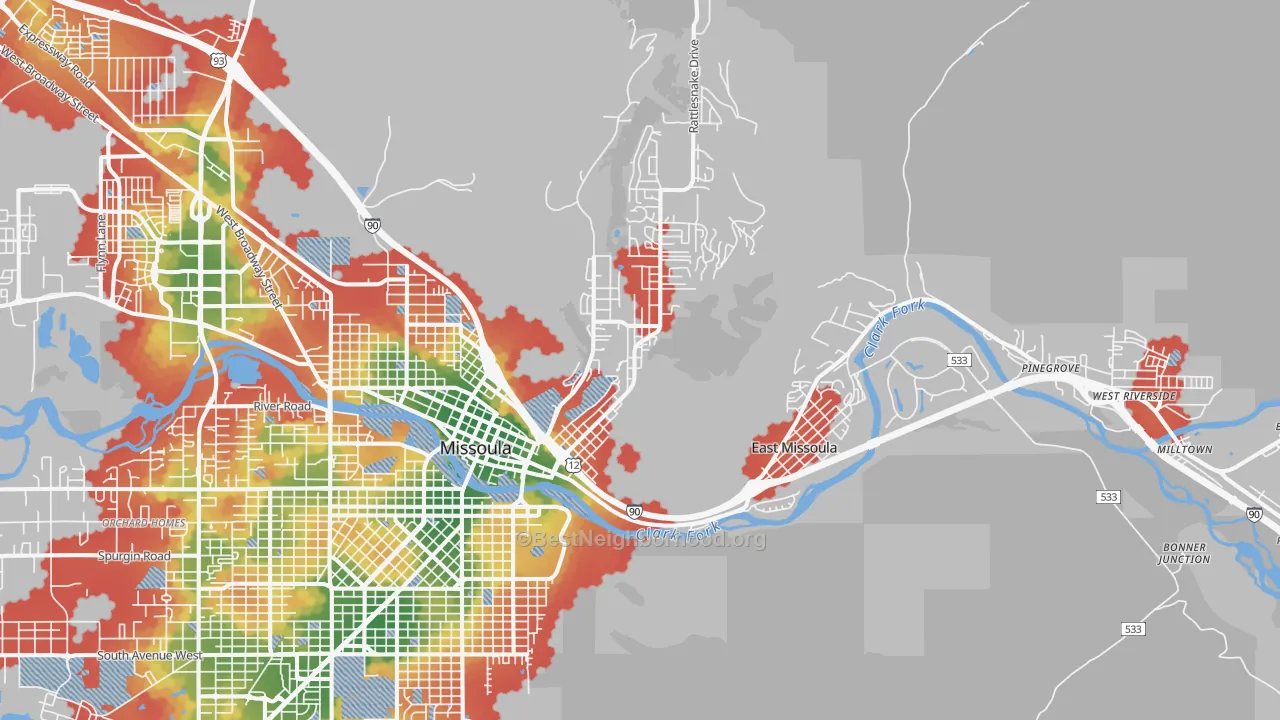 Walk Grade map of 59802, MT, walkable areas in green and car-dependent areas in red
