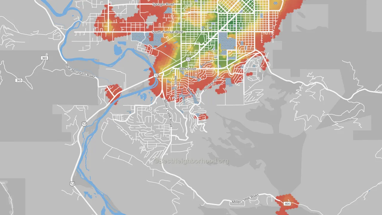 Walk Grade map of 59803, MT, walkable areas in green and car-dependent areas in red