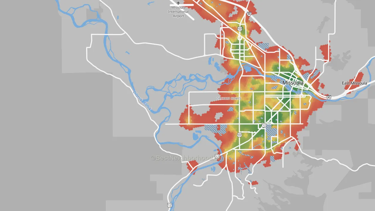 Walk Grade map of 59804, MT, walkable areas in green and car-dependent areas in red