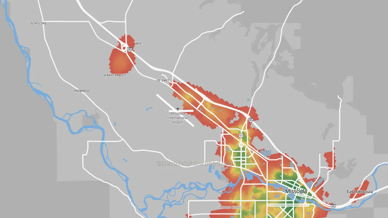 Walk Grade map of 59808, MT, walkable areas in green and car-dependent areas in red